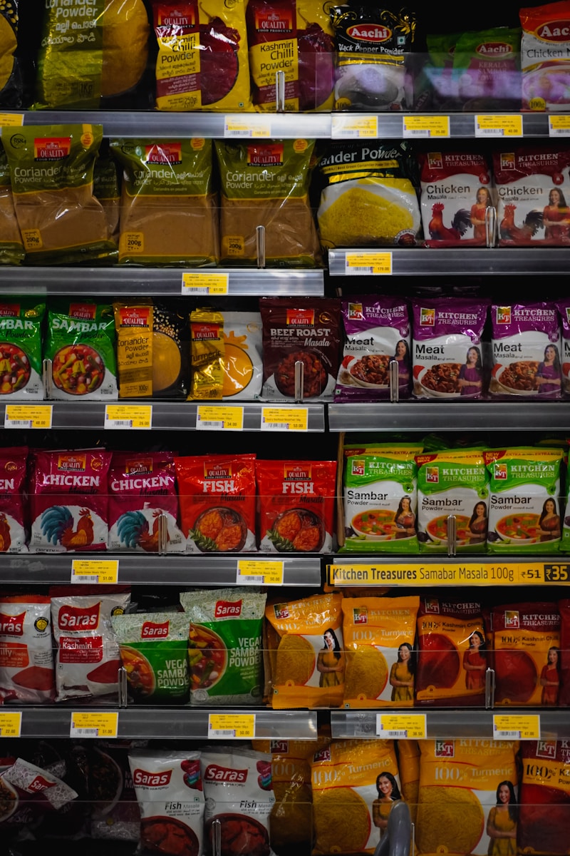 Grocery items and packaged food on supermarket shelves